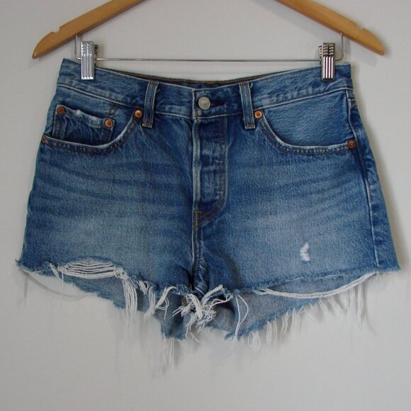 Levi's 501 Cutoff Denim Jean Shorts Distressed Frayed Raw Hem Button Front 27 - Picture 1 of 15
